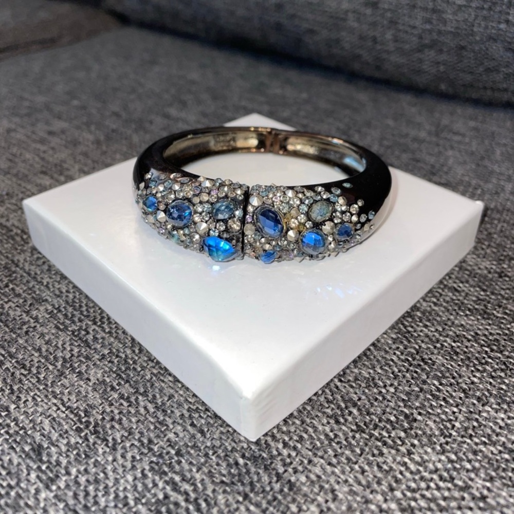 Alexis Bittar bangle bracelet w/clear and blue crystals in gunmetal tone setting